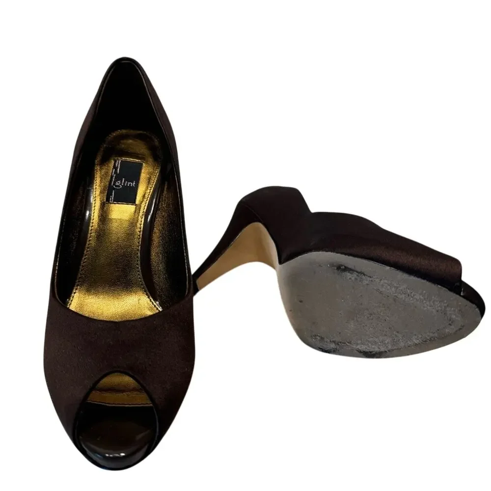 Chocolate Brown Satin Glint Designer Peep Toe Heel Womens 8.5 Leather Sole Party